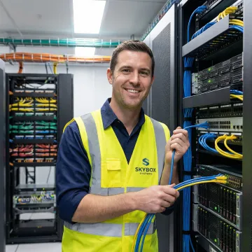 Professional technician installing network cables in modern office server room