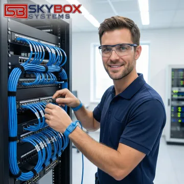 Network technician installing structured cabling in enterprise environment