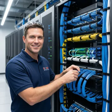Professional network cabling installation in modern office environment