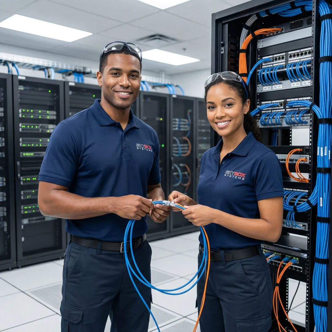 Professional network installation technicians installing structured cabling in modern office environment