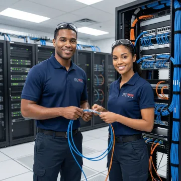 Professional network installation technicians installing structured cabling in modern office environment