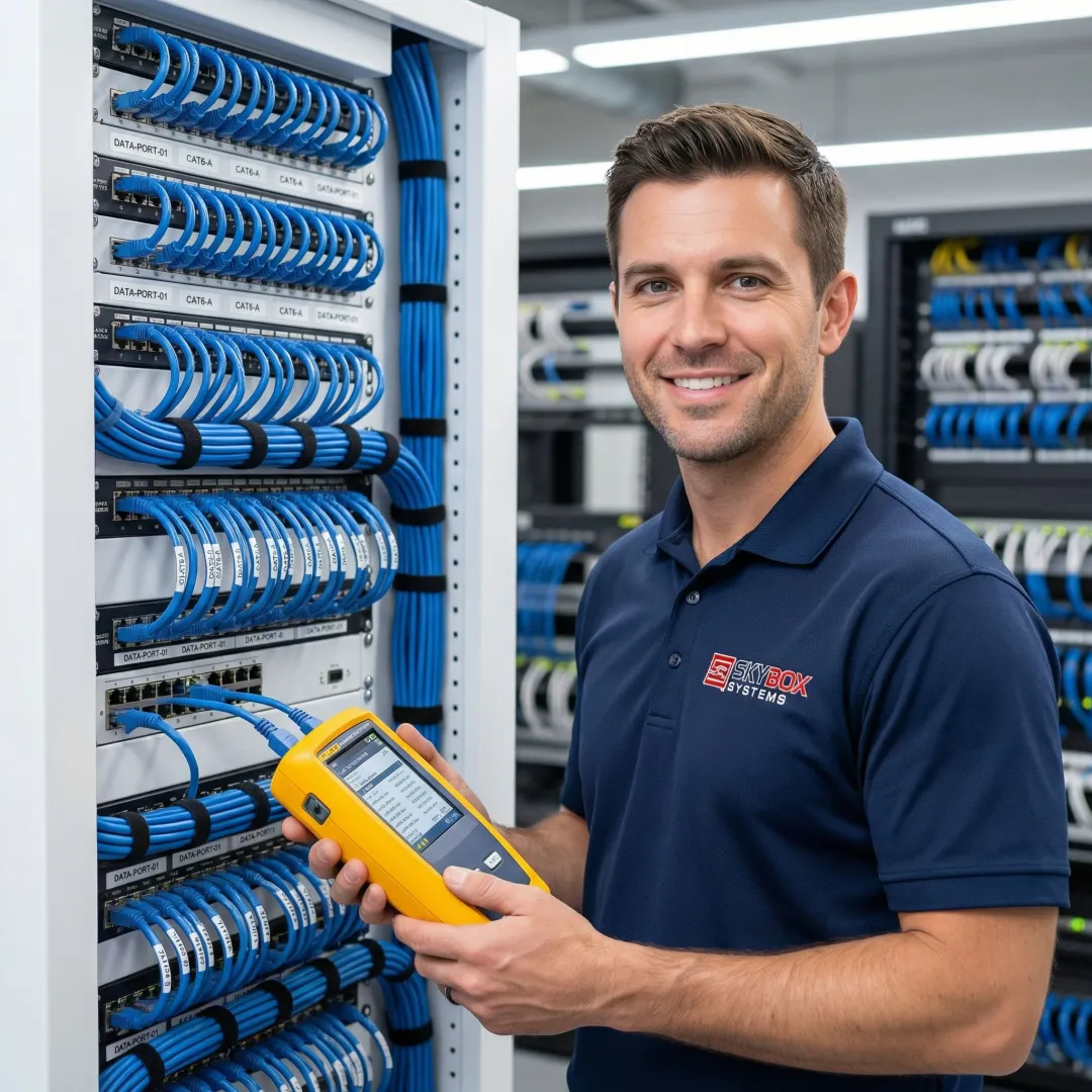 Certified network installation technician testing structured cabling with certification equipment