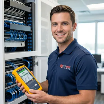 Professional network testing technician using certification equipment to test structured cabling system