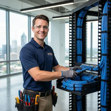 Professional network technician installing structured cabling in modern Atlanta office