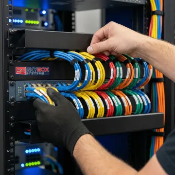 Professional network technician installing color-coded Cat6 Ethernet patch cables in structured cabling rack