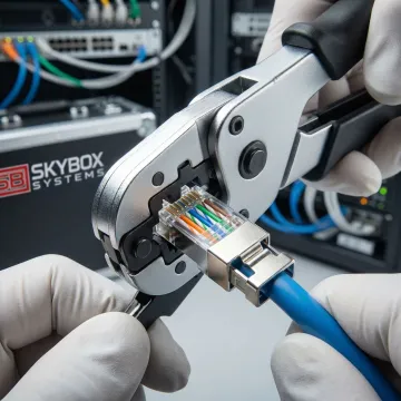 Network installer using professional crimping tool on Cat6a Ethernet cable connector