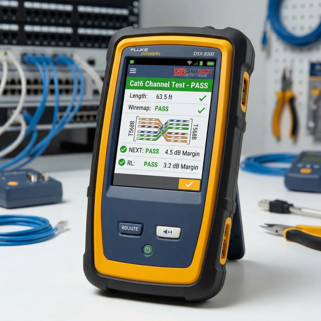 Close-up of network certification testing equipment displaying performance metrics