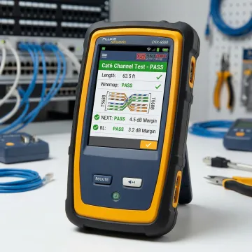 Close-up of network certification testing equipment displaying performance metrics