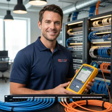 Network technician performing enterprise certification testing with advanced diagnostic equipment