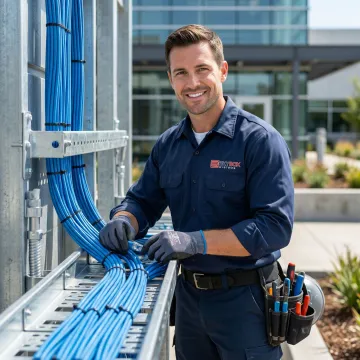 Technician installing structured network cabling at remote Atlanta site