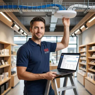 Retail network technician installing wireless access point in commercial store