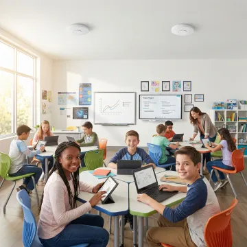 Modern K-12 classroom with students using tablets connected to high-speed wireless network infrastructure