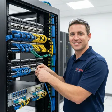 Professional telecommunications cabling installation with organized network cables and patch panels