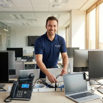 IT technician configuring end-user devices in modern Atlanta office