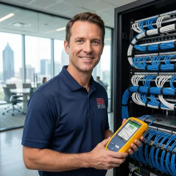 Network certification testing technician using professional testing equipment on structured cabling in Atlanta office
