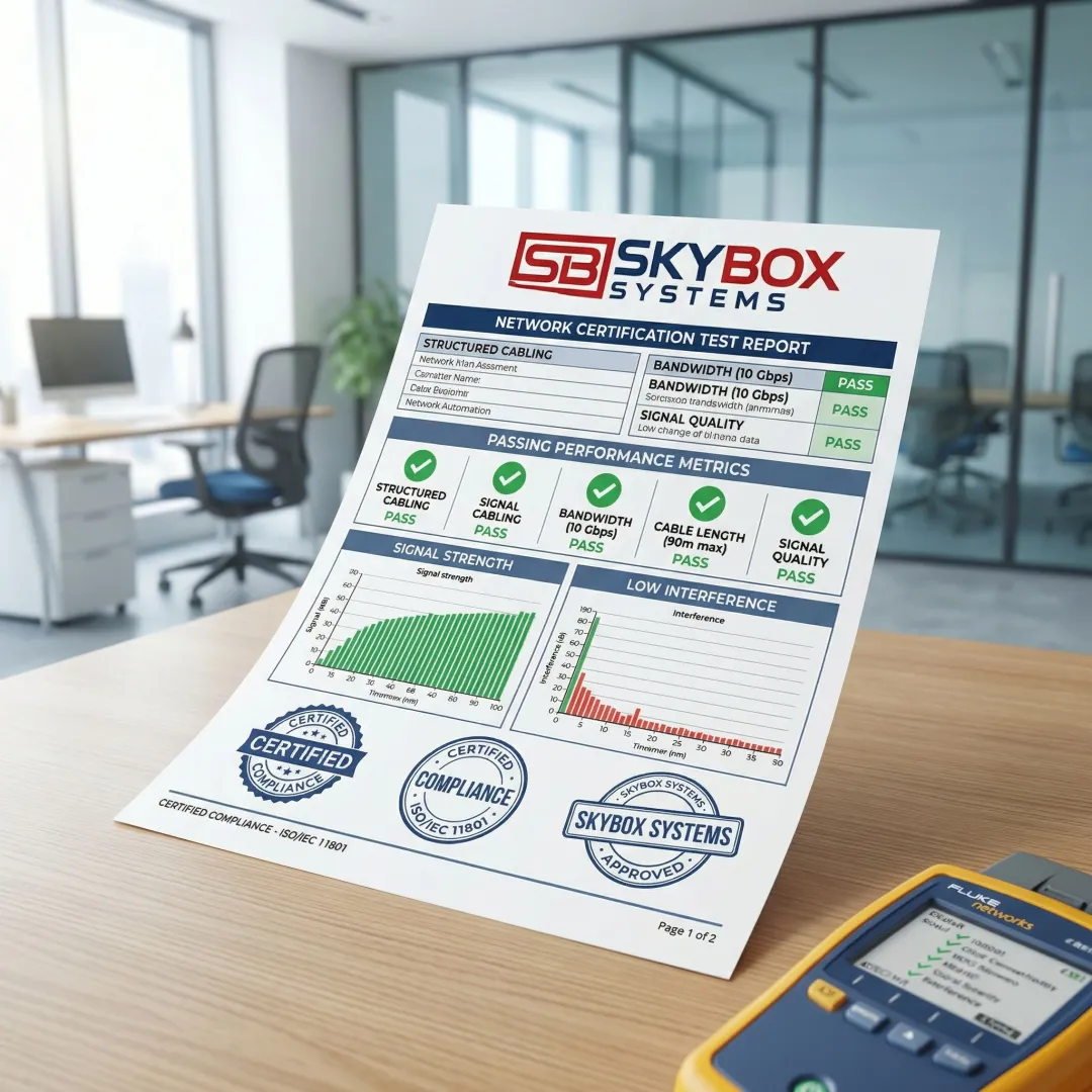 Network certification test report showing passing results for structured cabling system