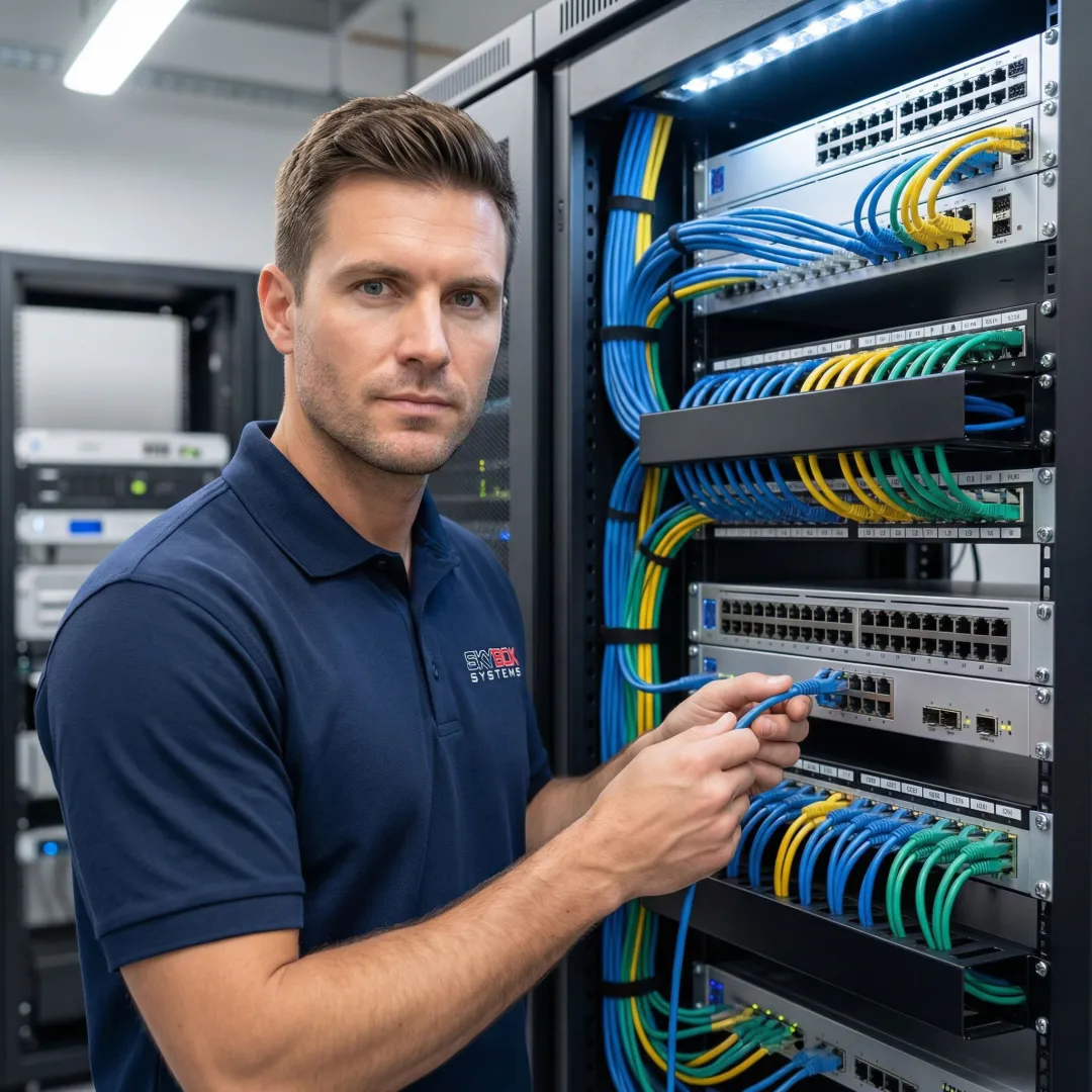 Technician installing structured cabling in communications room with organized cable pathways