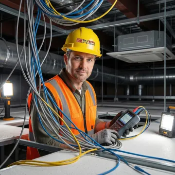 Professional technician performing cable audit in Atlanta commercial building ceiling space