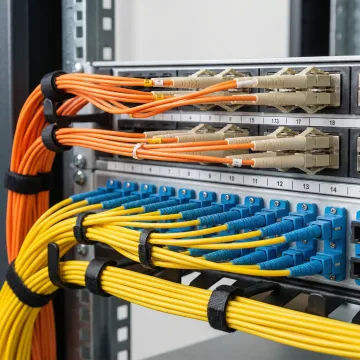 Organized fiber optic cables with precision terminations in a network rack