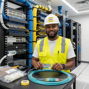 Professional fiber optic cable installation in modern data center