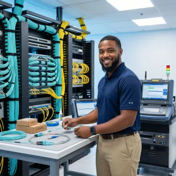 Professional fiber optic network infrastructure installation with technician performing precision fiber termination in modern data center environment