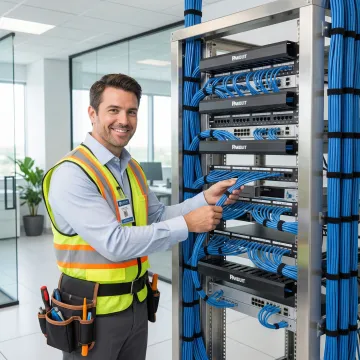Professional technician installing network cabling in modern office environment