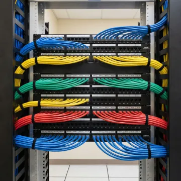 Organized network rack with labeled cables and professional cable management