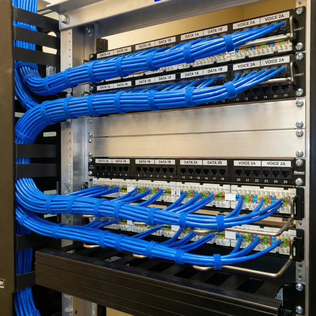 Organized network rack with blue Cat6 cables properly labeled and managed with patch panels