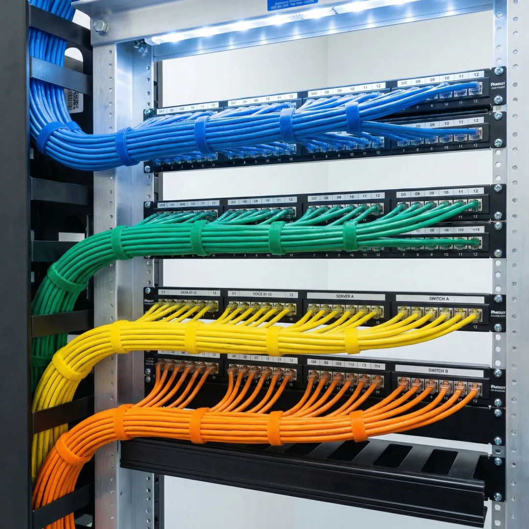 Organized network cable management in commercial telecommunications room