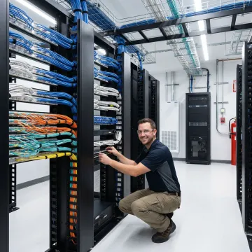 Professional data center cabling infrastructure with organized fiber optic and structured cabling systems in Jacksonville