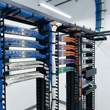 Organized structured cabling installation showing color-coded Cat6 cables in modern network rack