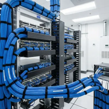 Organized network server room with structured cabling and professional cable management