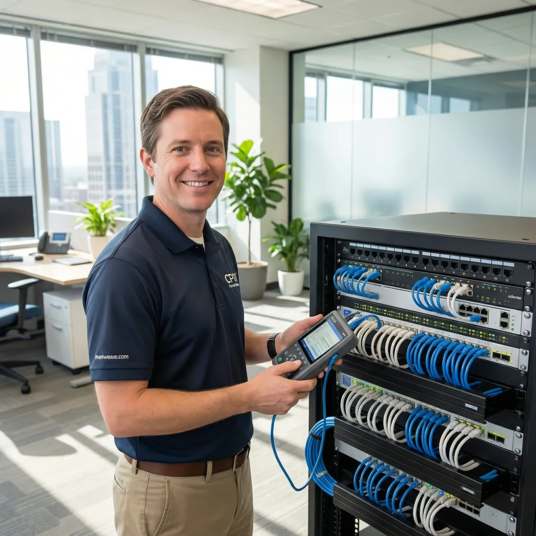 Network technician testing hardware connectivity in Atlanta office