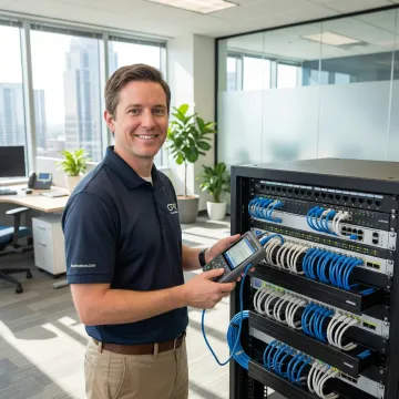 Network technician testing hardware connectivity in Atlanta office