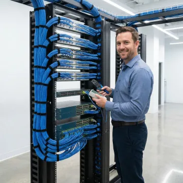 Professional network technician configuring enterprise network infrastructure in modern server room