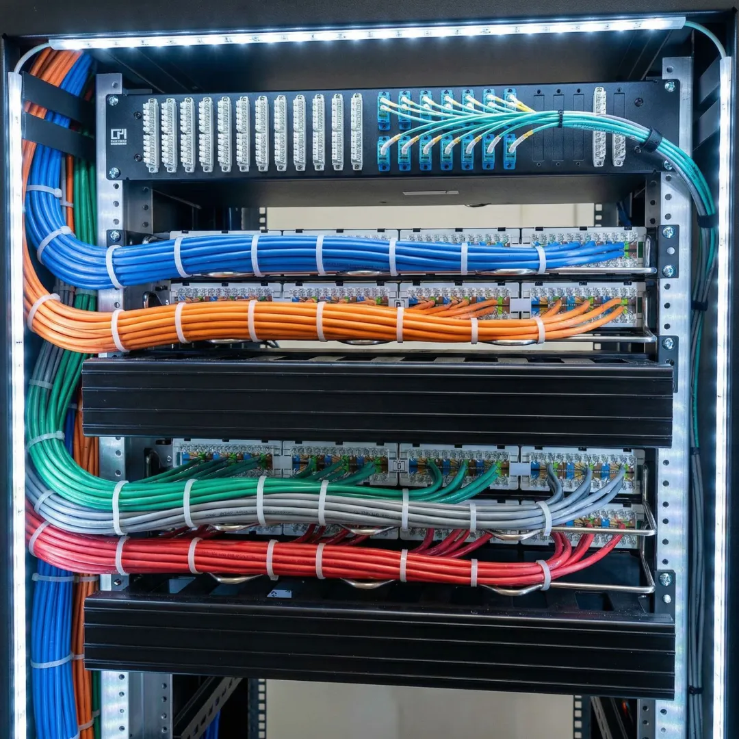 Organized network rack with labeled Cat6 cabling and fiber optic connections