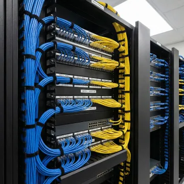 Organized network rack with color-coded patch cables and professional cable management