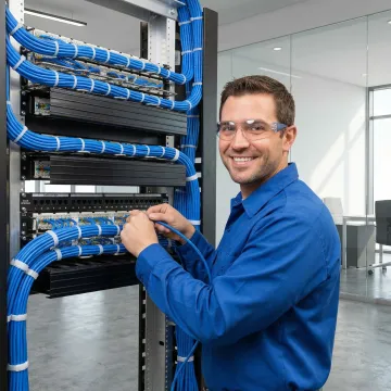 Professional network cabling installation with organized cable management in commercial office environment