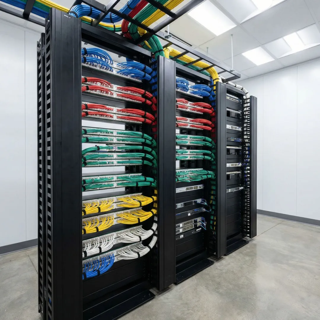 Organized network cable installation in enterprise server room