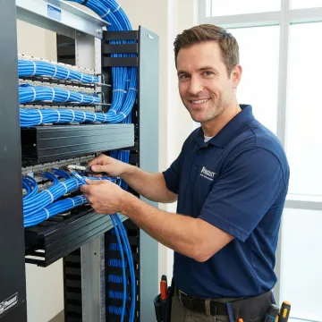 Professional technician installing network cables in modern office communication room with organized cable management system