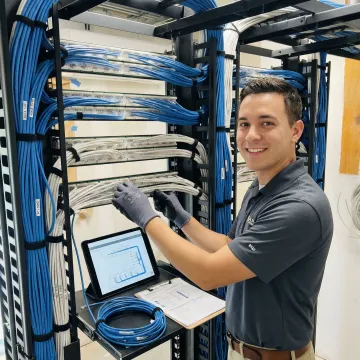 Certified technician installing structured network cabling with proper cable management