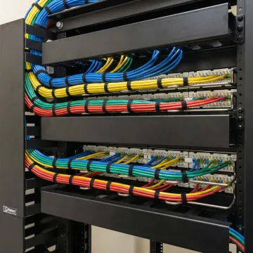 Organized network server rack with color-coded structured cabling and proper cable management