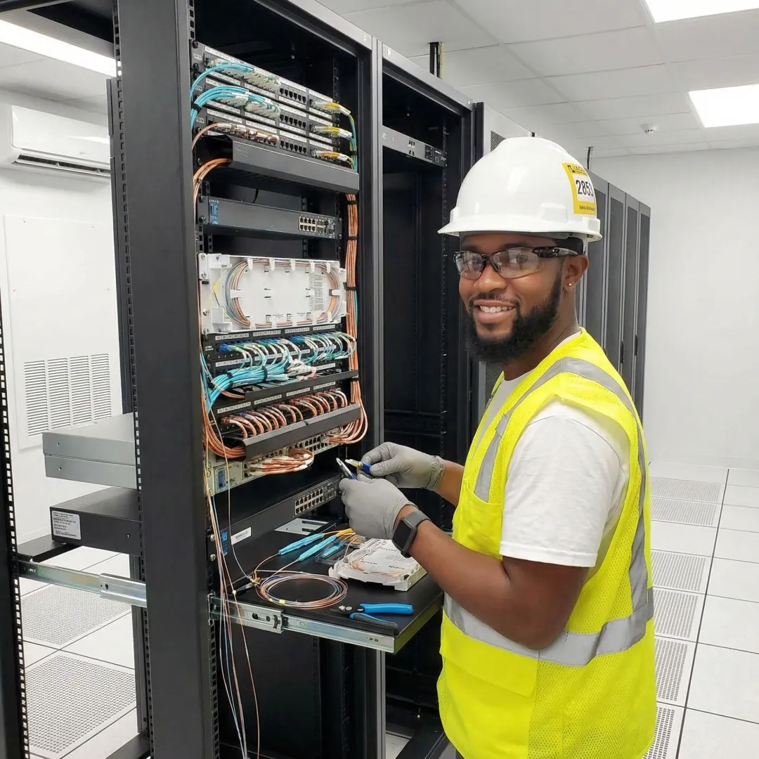 Technician installing structured cabling in enterprise network closet