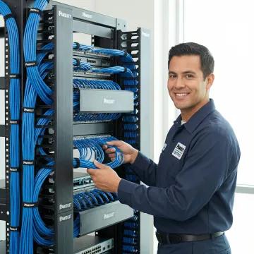 Professional technician installing Panduit structured cabling in modern network closet