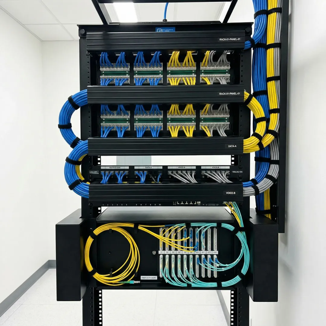 Professional communications room with organized network racks and structured cabling in Jacksonville