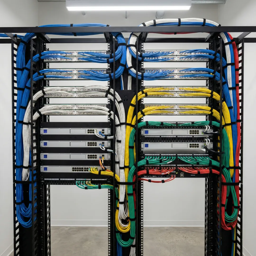 Organized network rack with labeled cables and professional cable management