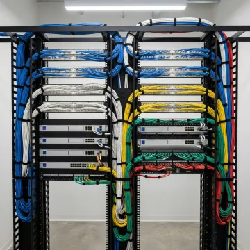 Organized network rack with labeled cables and professional cable management