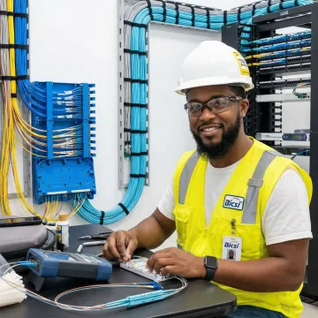 Certified technician performing fiber optic termination in enterprise network closet