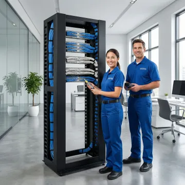 Professional network technicians installing structured cabling infrastructure in modern Atlanta office environment