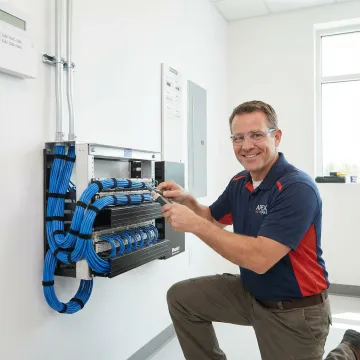 Professional technician installing structured network cabling in modern office environment